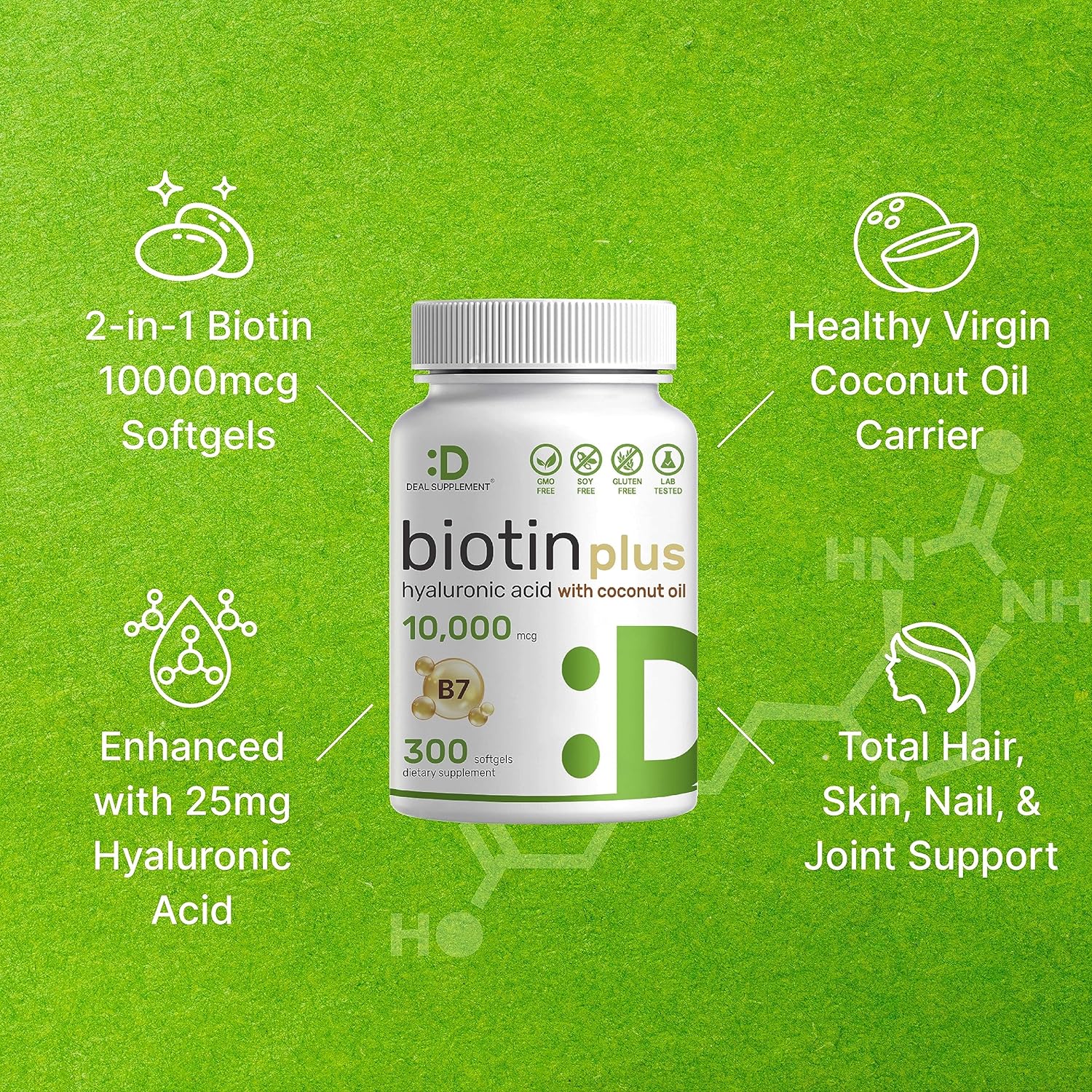 Biotin 10000mcg Plus Hyaluronic Acid 25mg with Coconut Oil, 300 Softge