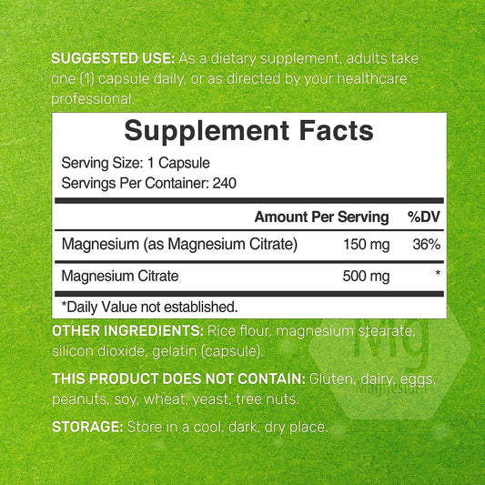 Magnesium Citrate 500mg, 240 Capsules | Easily Absorbed, Purified Trac