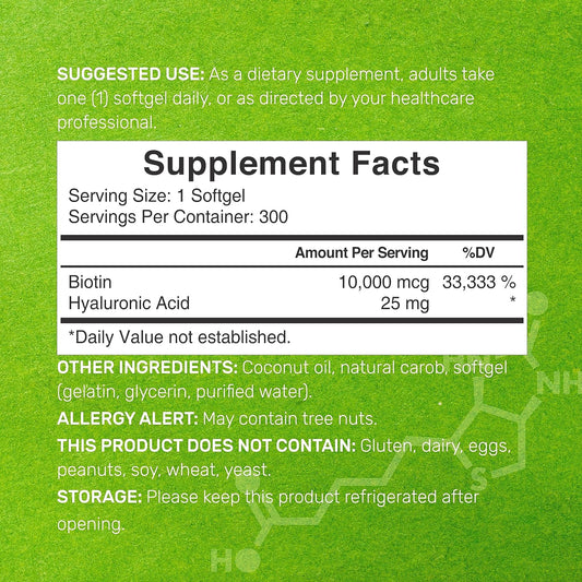 Biotin 10000Mcg Plus Hyaluronic Acid 25Mg With Coconut Oil, 300 Softge