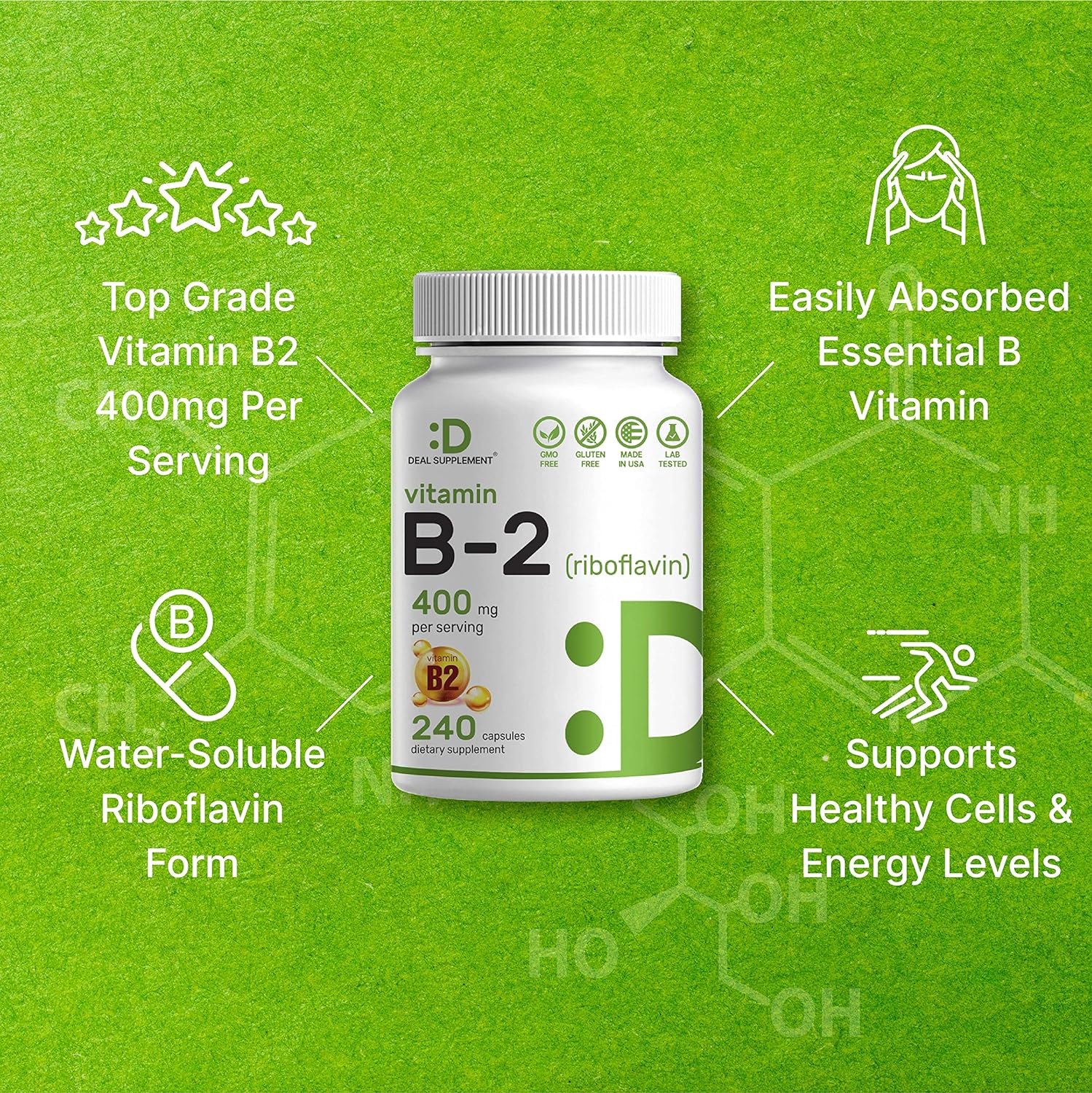 DEAL SUPPLEMENT Vitamin B2 Riboflavin 400 mg, 240 Capsules | Essential