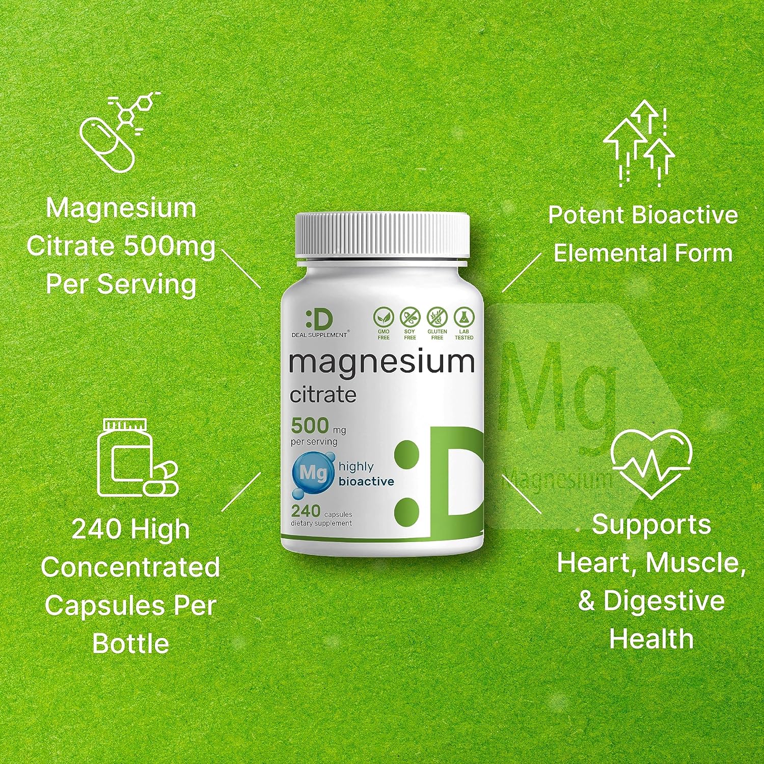 Magnesium Citrate 500mg, 240 Capsules | Easily Absorbed, Purified Trac