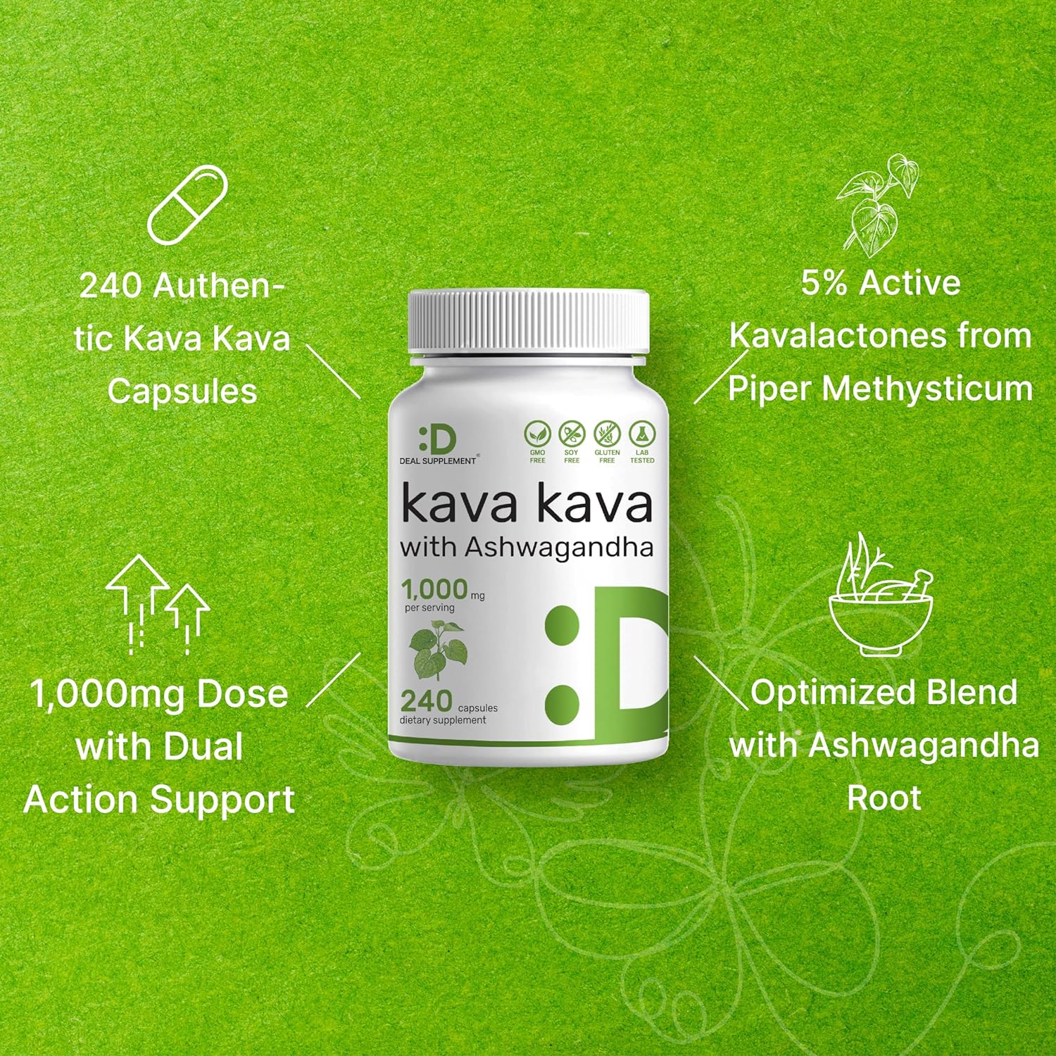 Kava Kava Supplement 750mg Per Serving, 240 Capsules, 4 Months Supply 
