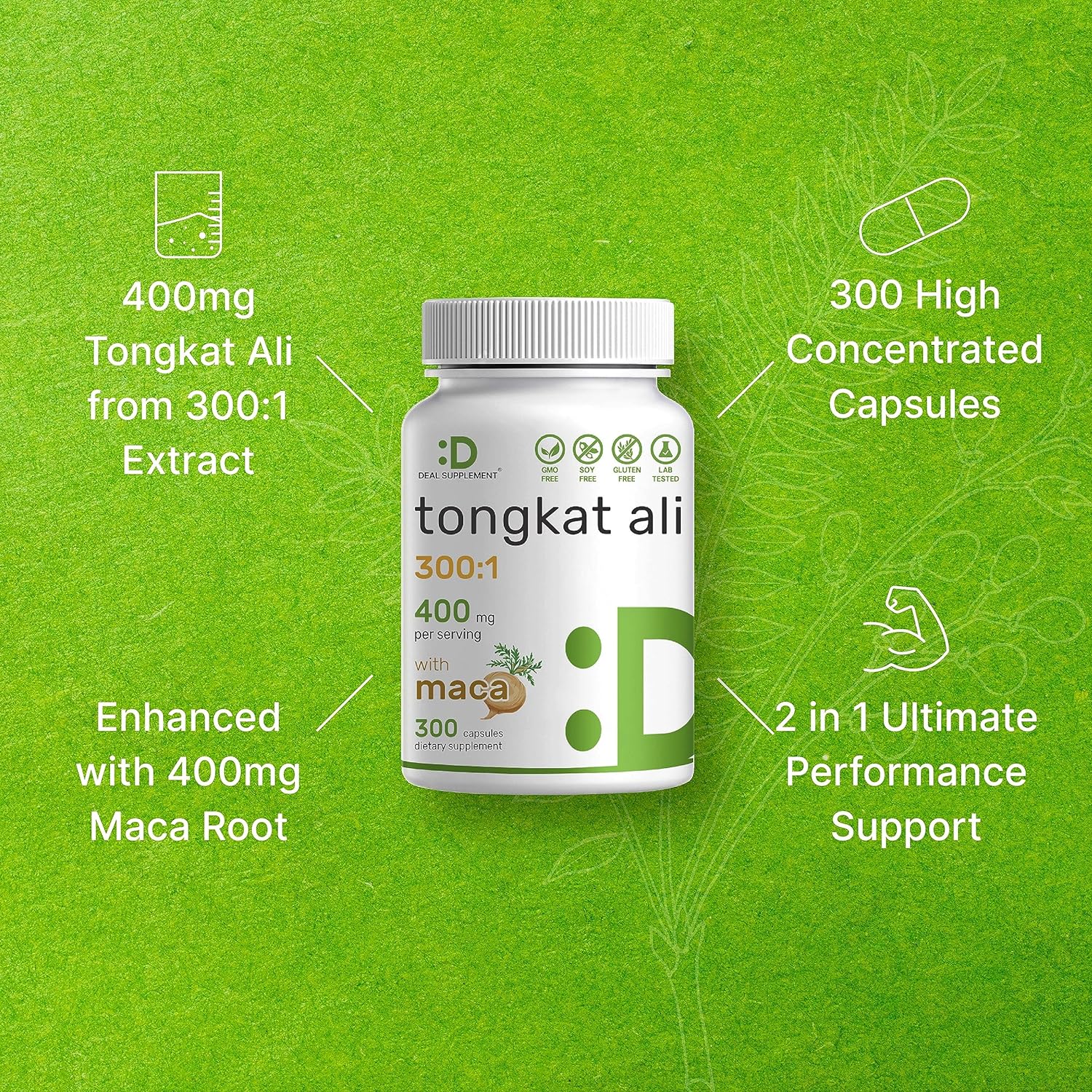 Tongkat Ali Extract 300:1 400mg & Maca Root 400mg | 300 Capsules, Ultr
