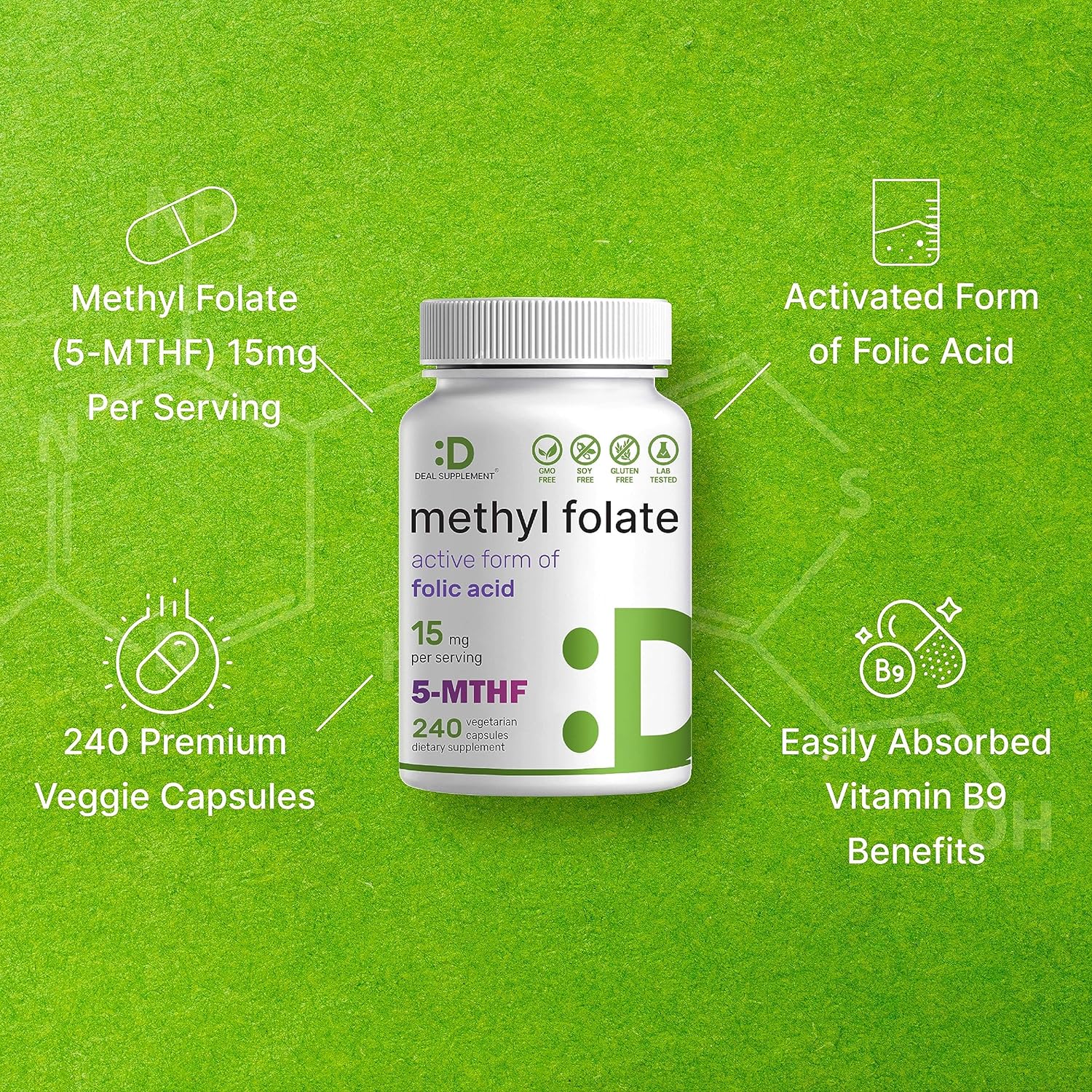 L Methylfolate 15mg Per Serving, 240 Veggie Capsules – Active Folic Ac