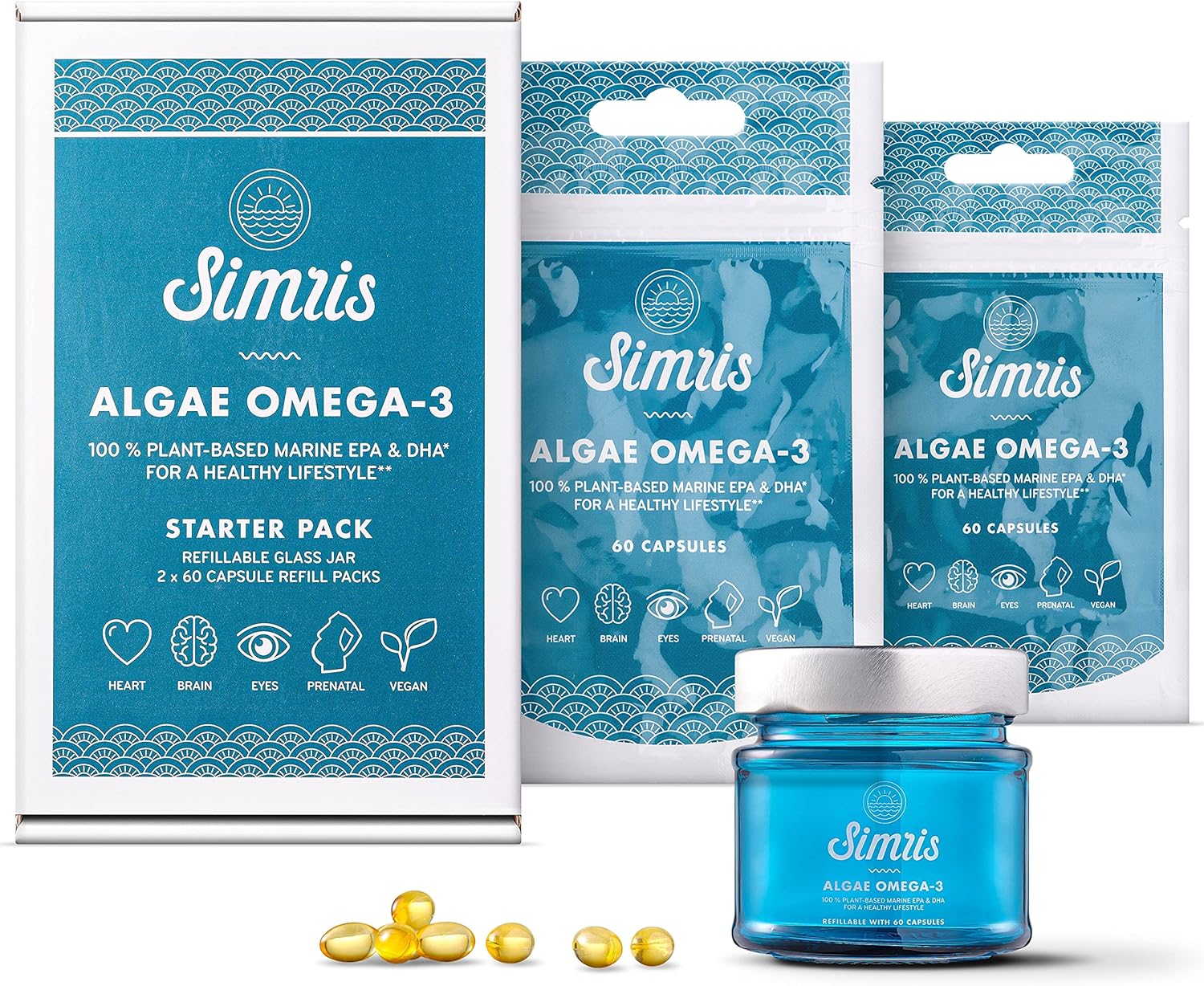 Simris Algae Omega 3. 120 Softgels - EPA DHA Plant Based Vegan Omega3 Supplement - No Fish Oil - for Brain, Joint, Heart