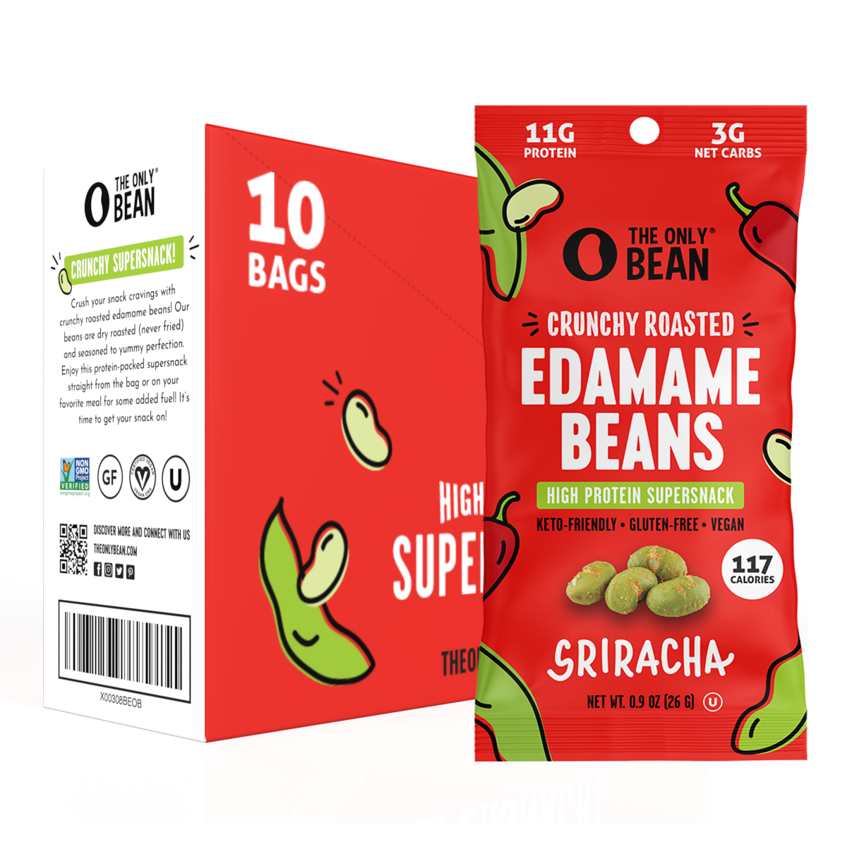 Crunchy Roasted Edamame Beans (Sriracha) - 117 Calorie Packs, Keto Snacks (3g Net) - High Protein Healthy Snacks (11g Protein) - Low Carb & Calorie Gluten-Free Snack, Vegan Keto Food - (10 Pack)