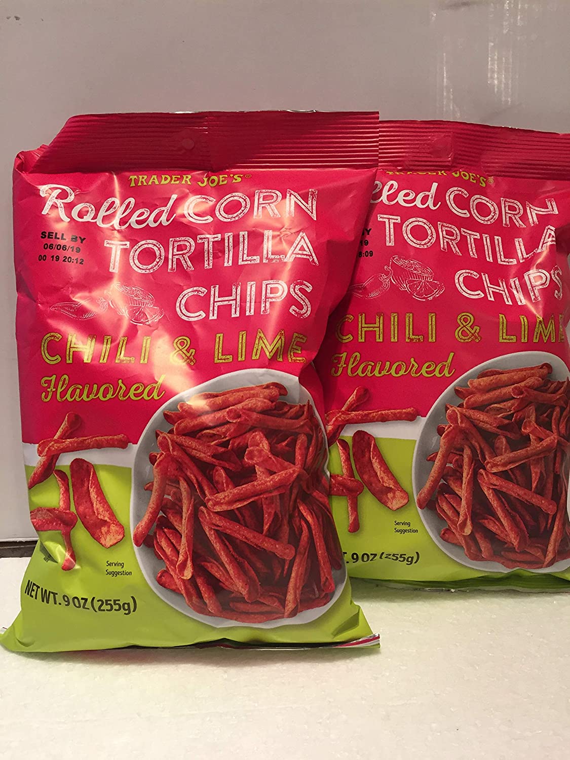 Trader Joes Rolled Corn Tortilla Chips - Chili & Lime Flavored - Gluten Free - NET WT (255g) - Pack of 2 Bags