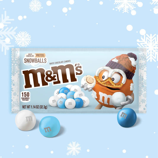 M&M’S Christmas White Chocolate Pretzel Snowballs Holiday Candy, 24 bags per Carton