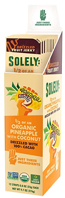 SOLELY Organic Fruit Jerky, Pineapple and Coconut Drizzled with 100% Cacao, 12 Strips | Three Ingredients | Vegan | Non-GMO | No Sugar Added