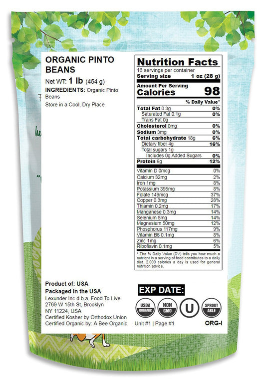 Organic Pinto Beans- Non-GMO, Kosher, Raw, Sproutable, Vegan, Bulk by Food to Live