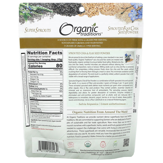 Organic Traditions Sprouted Chia & Flax Seed Powder, (454 g)