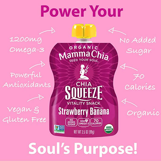 Mamma Chia Organic Vitality Squeeze Snack, Strawberry Banana, 4 Count Chia, Fruit and Vegetables with only 70 Calories