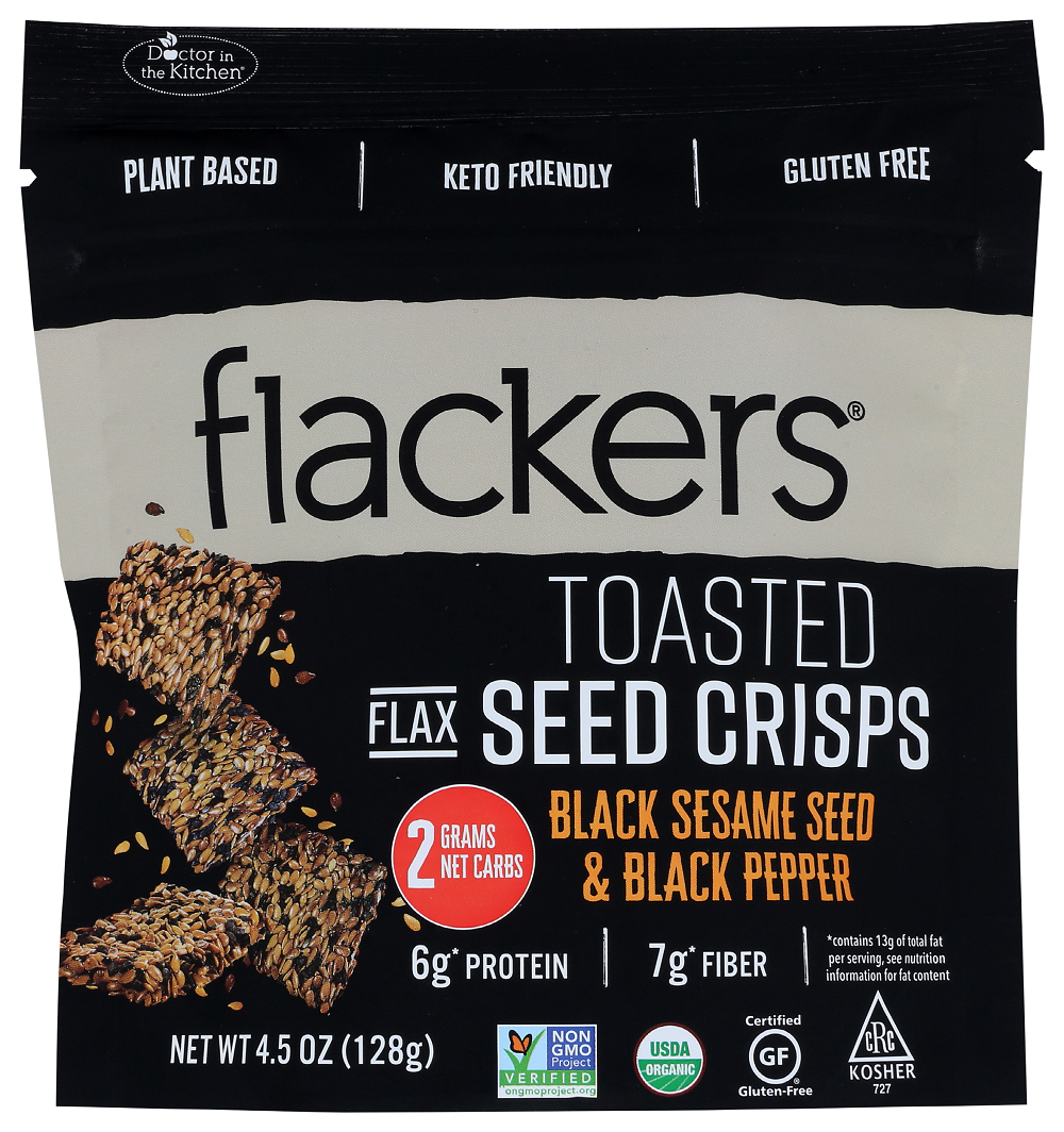 Doctor In The Kitchen Flackers Organic Toasted Flax Seed Crisps Black Sesame See & Black Pepper ,(Pack of 6)