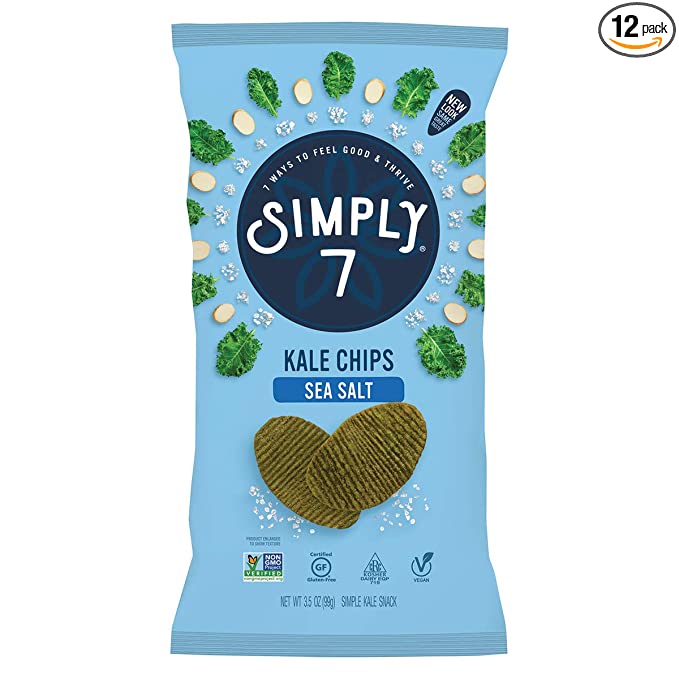Simply 7 Kale Chips - Gluten Free Snacks - Vegan Snacks - Non-GMO, Vegetarian, Vegan, High Vitamin K, Low Fat, Sugar Free, Plant-Based, Cholesterol Free, Kosher - Sea Salt, 12pk
