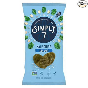 Simply 7 Kale Chips - Gluten Free Snacks - Vegan Snacks - Non-GMO, Vegetarian, Vegan, High Vitamin K, Low Fat, Sugar Free, Plant-Based, Cholesterol Free, Kosher - Sea Salt, 12pk