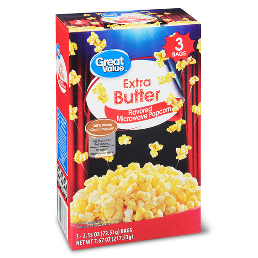 Great Value Flavored Microwave Popcorn, Extra Butter, 3 Count