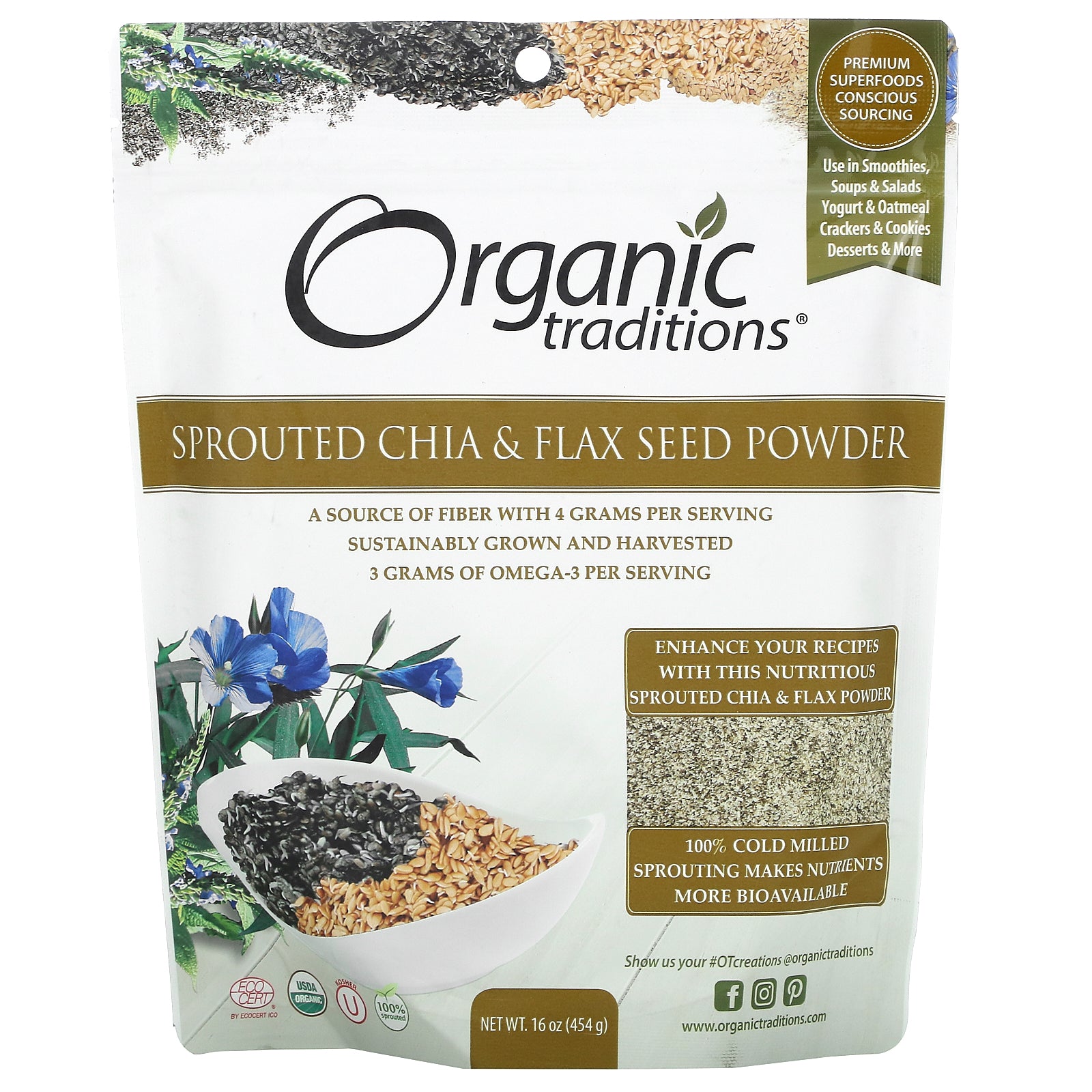 Organic Traditions Sprouted Chia & Flax Seed Powder, (454 g)